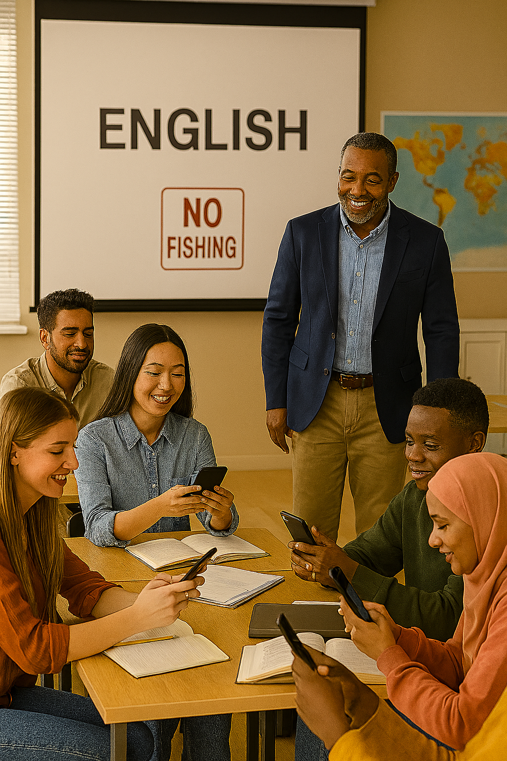 Teacher using a tablet while non-native English students follow along on cellphones